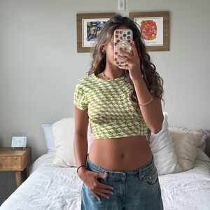 Urban Outfitters Green and White Printed Top with Open Back